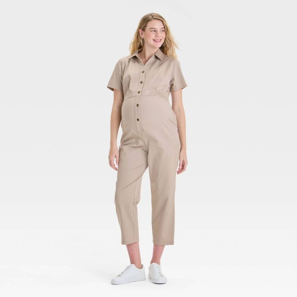 Short Sleeve Utility Maternity Jumpsuit - Beige S